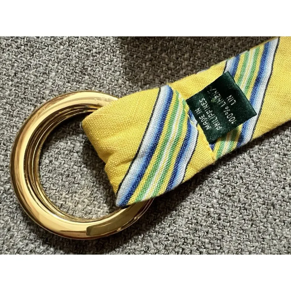 LAUREN RALPH LAUREN 100% Linen Double O Gold Tone Yellow Blue Green Stripes Belt